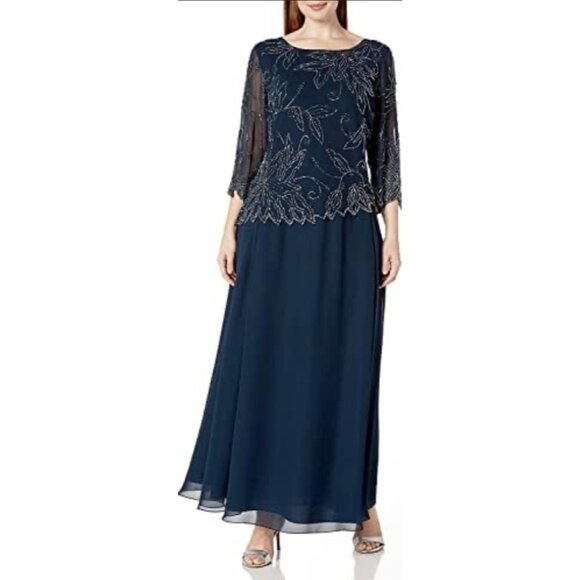 JKara Beaded Plus Size 22W Chiffon Maxi Dress NWT Sheer Mother of the Bride Navy - Picture 1 of 12